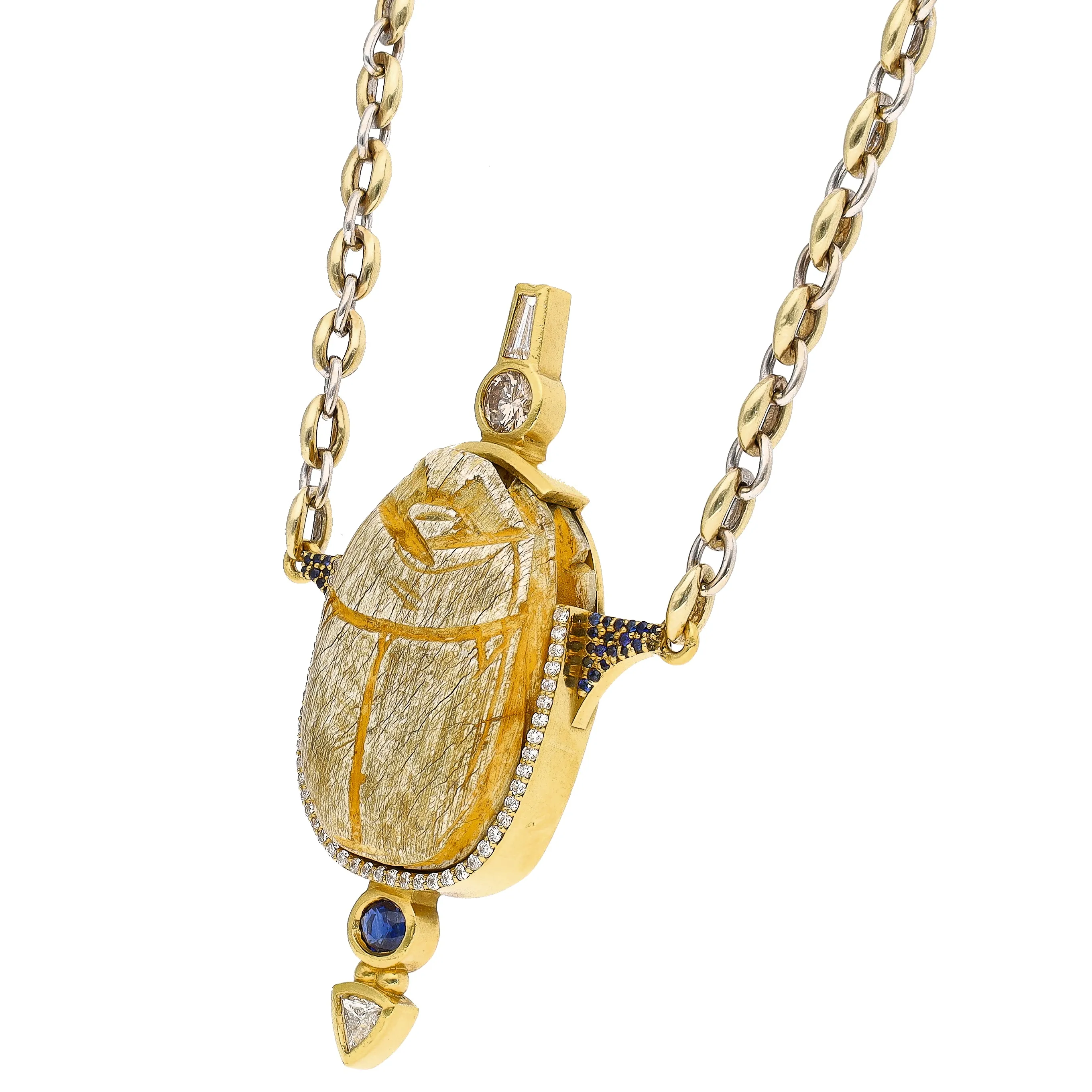 18K Yellow Gold Necklace: 3000 Yr. Old Scarab set in 22K Yellow Gold Frame w/Diamonds and Sapphire Accents