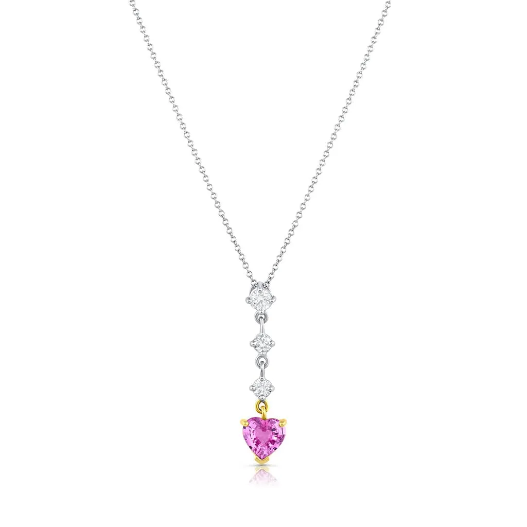 18kt White Rose Gold Heart Shape Pink Sapphire and Diamond Drop Necklace