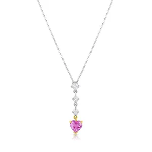 18kt White Rose Gold Heart Shape Pink Sapphire and Diamond Drop Necklace