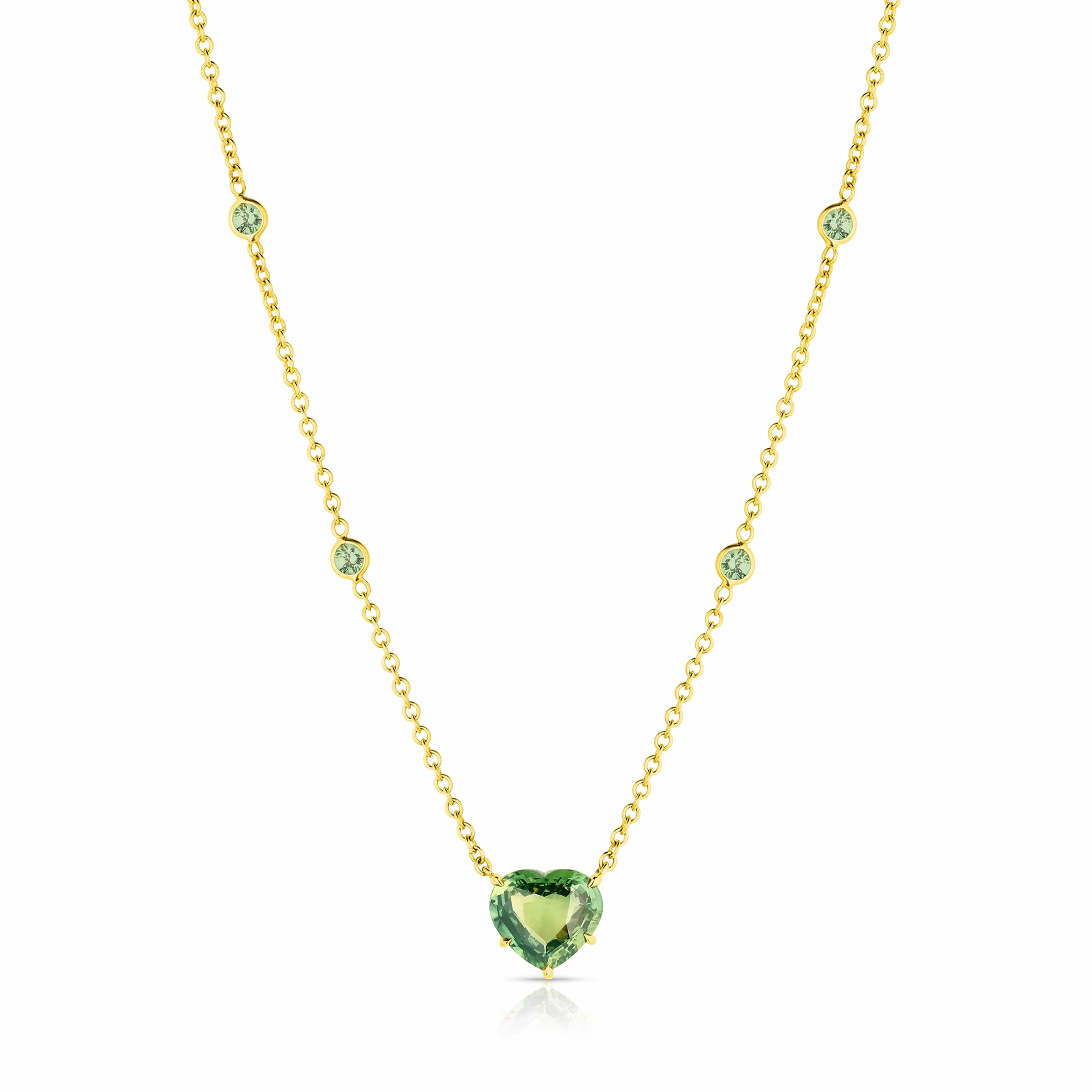 18kt Yellow Gold 3.02ct Green Sapphire Heart Shaped Necklace