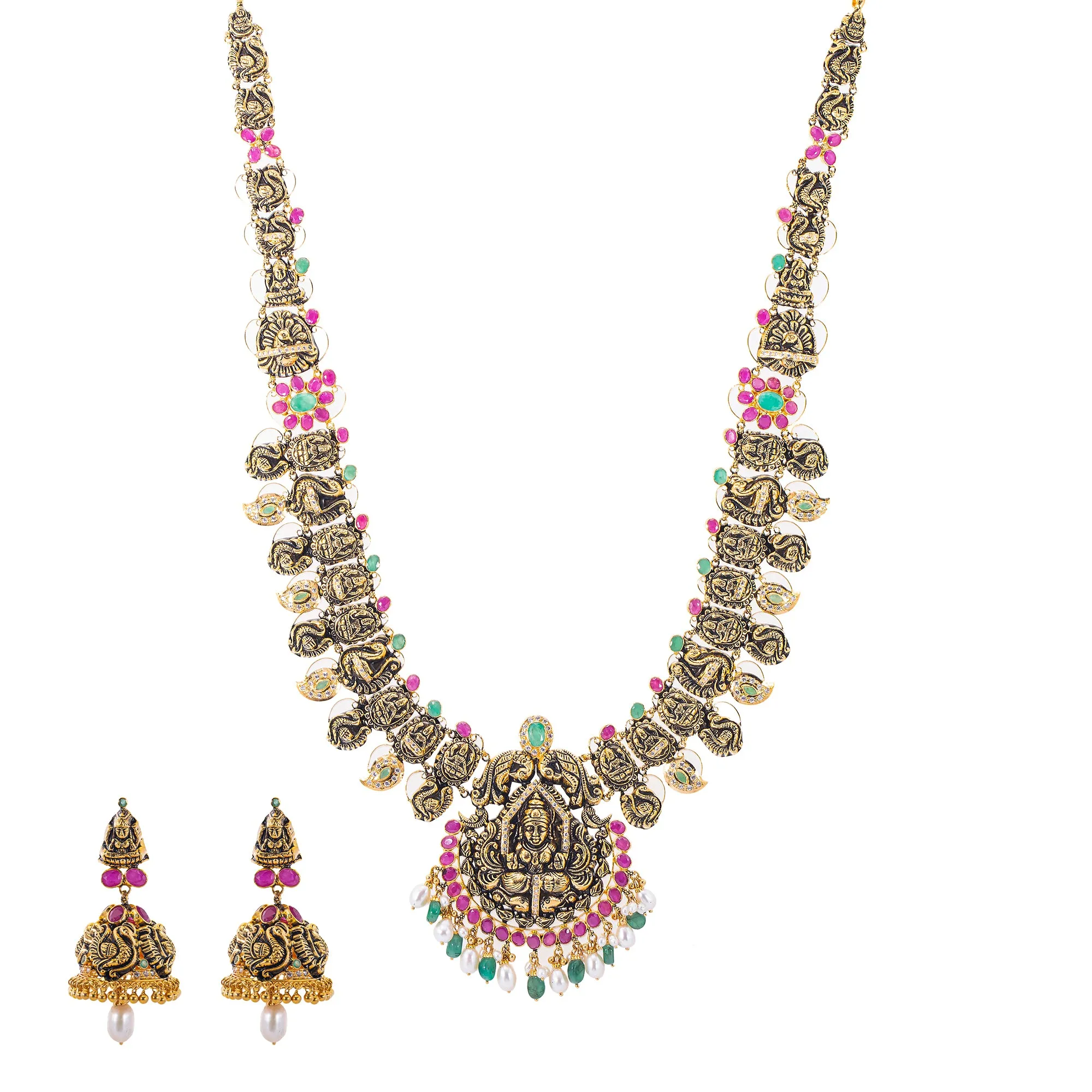 22K Antique Gold, CZ, Ruby, Pearl & Emerald Temple Jewelry Set (87.9gm)