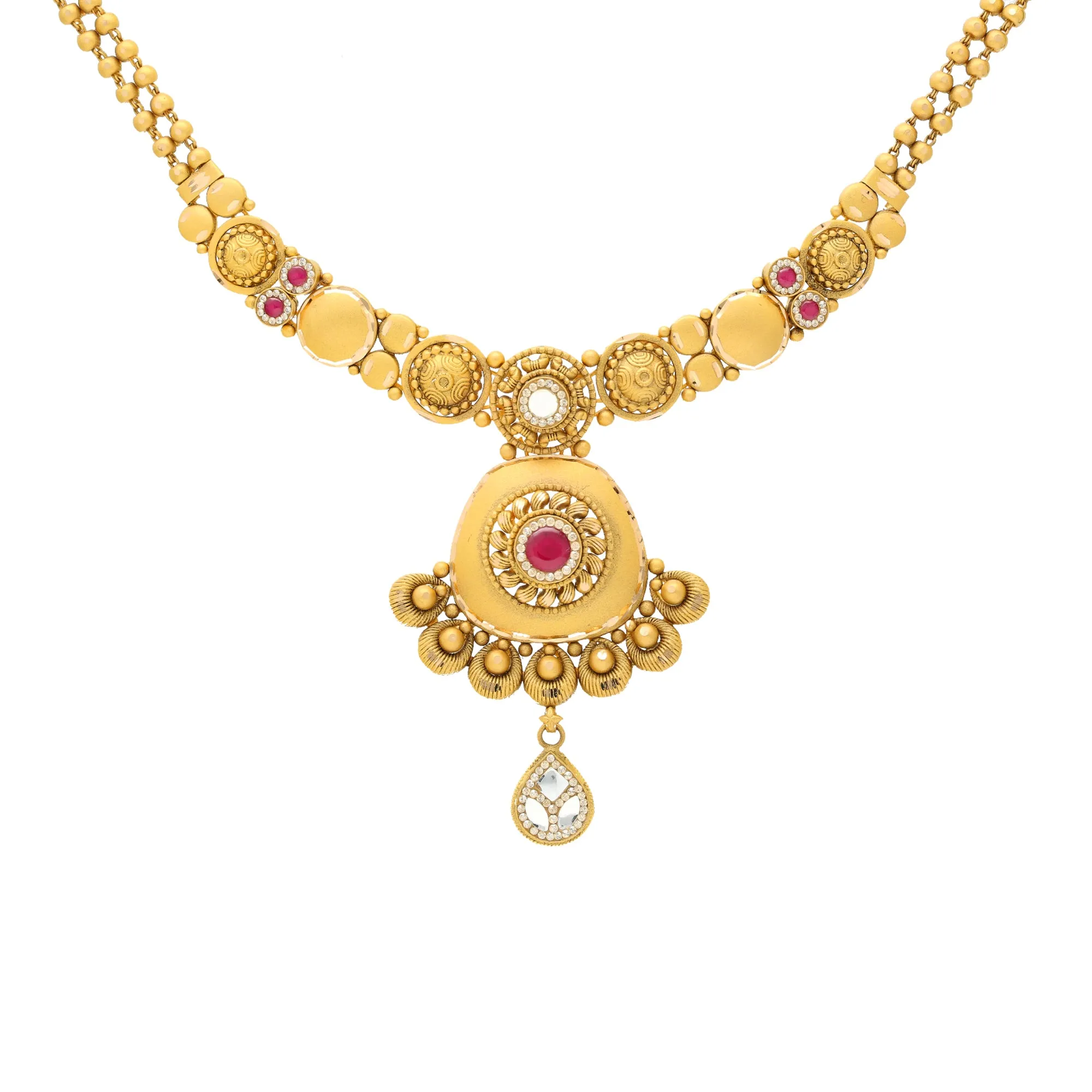 22K Yellow Gold Antique Necklace Set w/ Ruby & CZ (40gm)