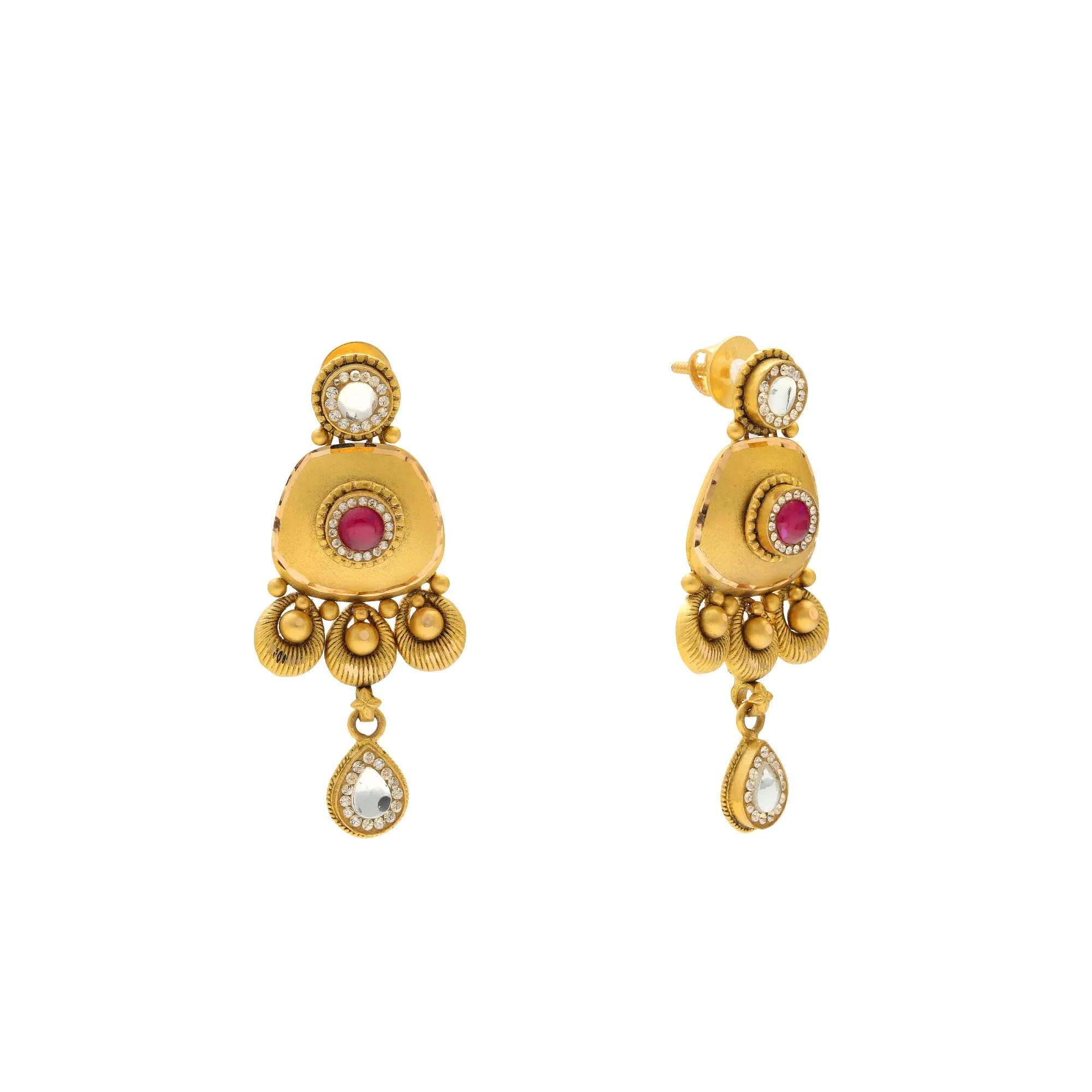 22K Yellow Gold Antique Necklace Set w/ Ruby & CZ (40gm)