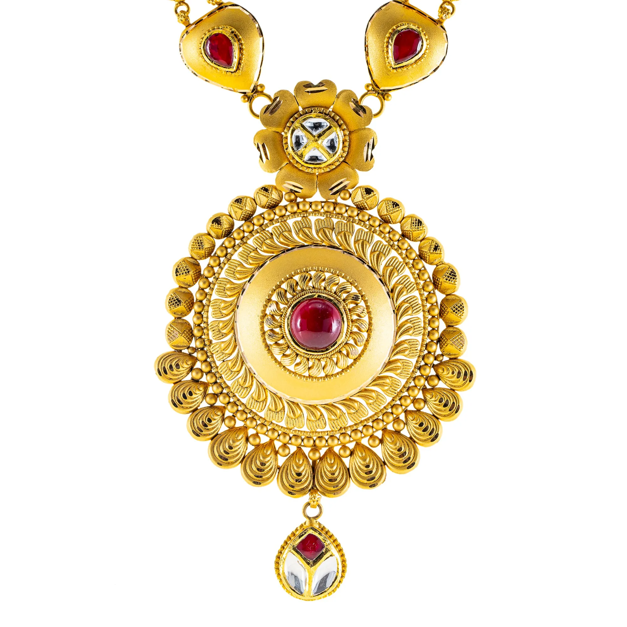 22K Yellow Gold Bridal Necklace Set w/ CZ, Kundan & Ruby (66.7gm)