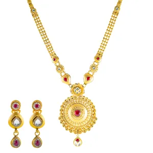 22K Yellow Gold Bridal Necklace Set w/ CZ, Kundan & Ruby (66.7gm)