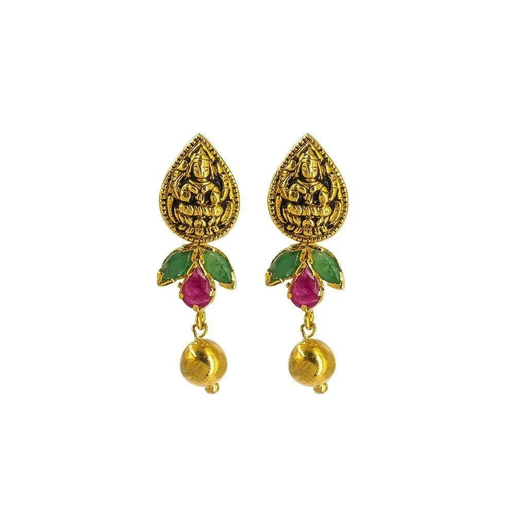 22K Yellow Gold Set Necklace & Earrings W/ Rubies, Emeralds & Pear-Shaped Laxmi Coins