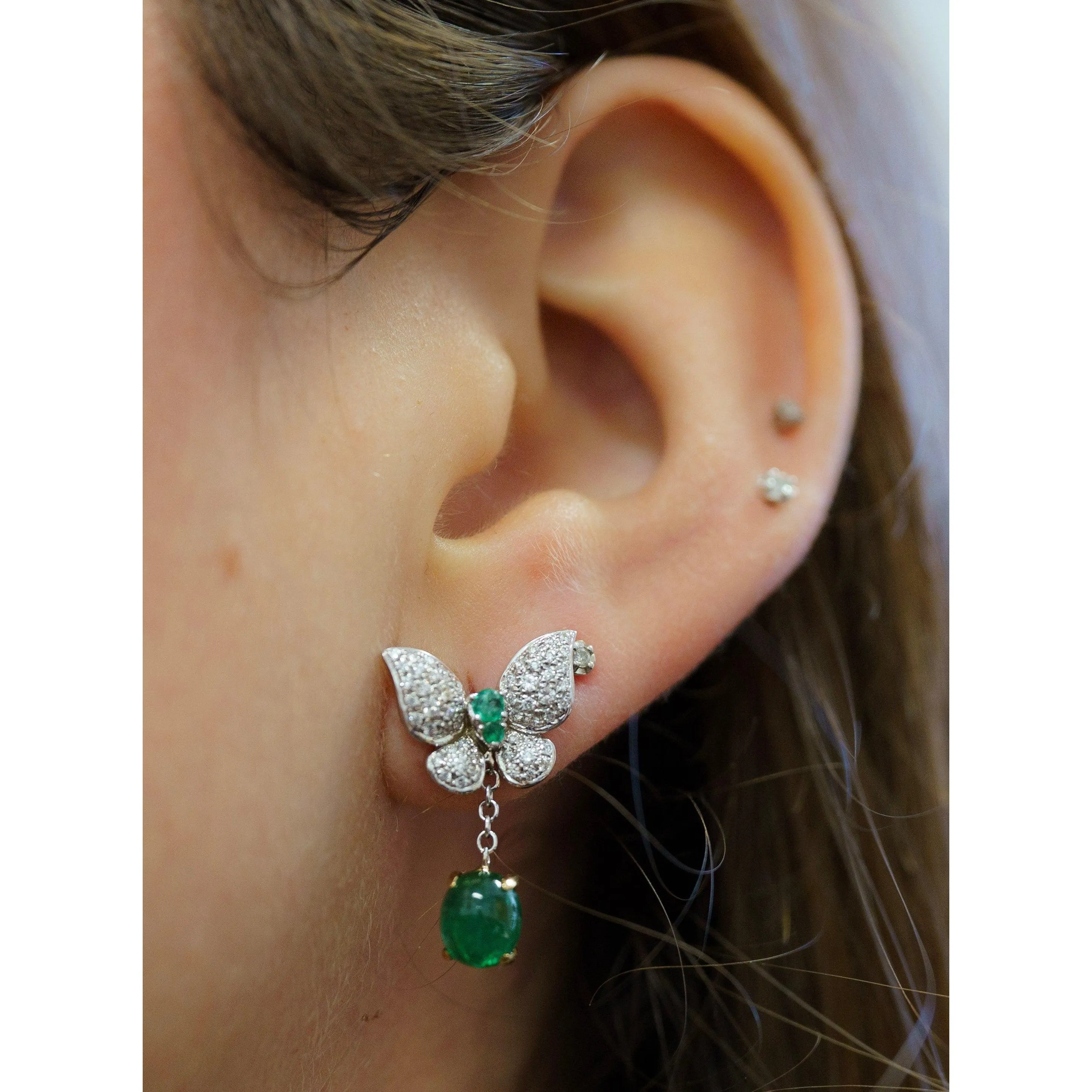 2.5 Carat Cabochon Cut Emerald and Diamond Butterfly Drop Earrings in 18K White Gold