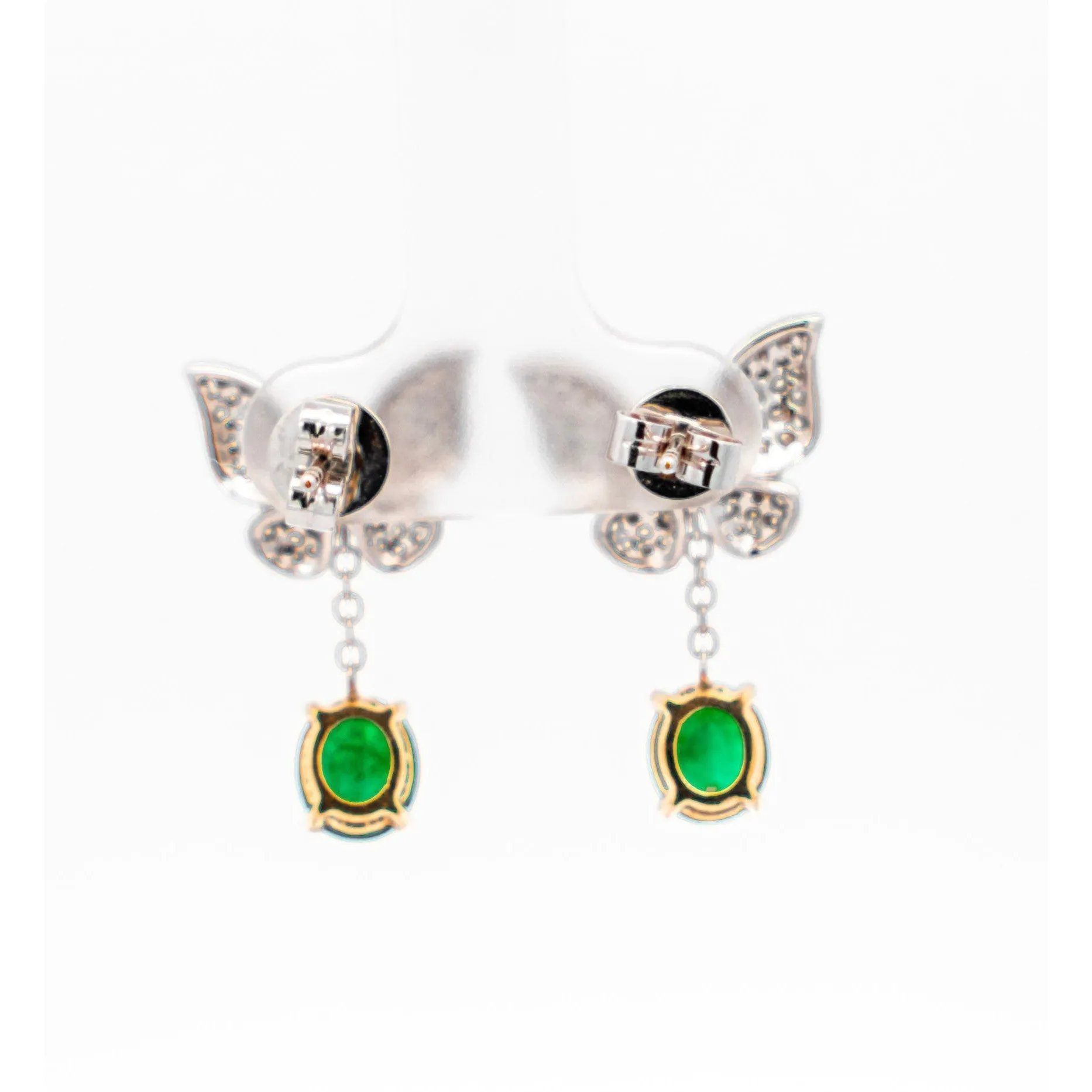 2.5 Carat Cabochon Cut Emerald and Diamond Butterfly Drop Earrings in 18K White Gold