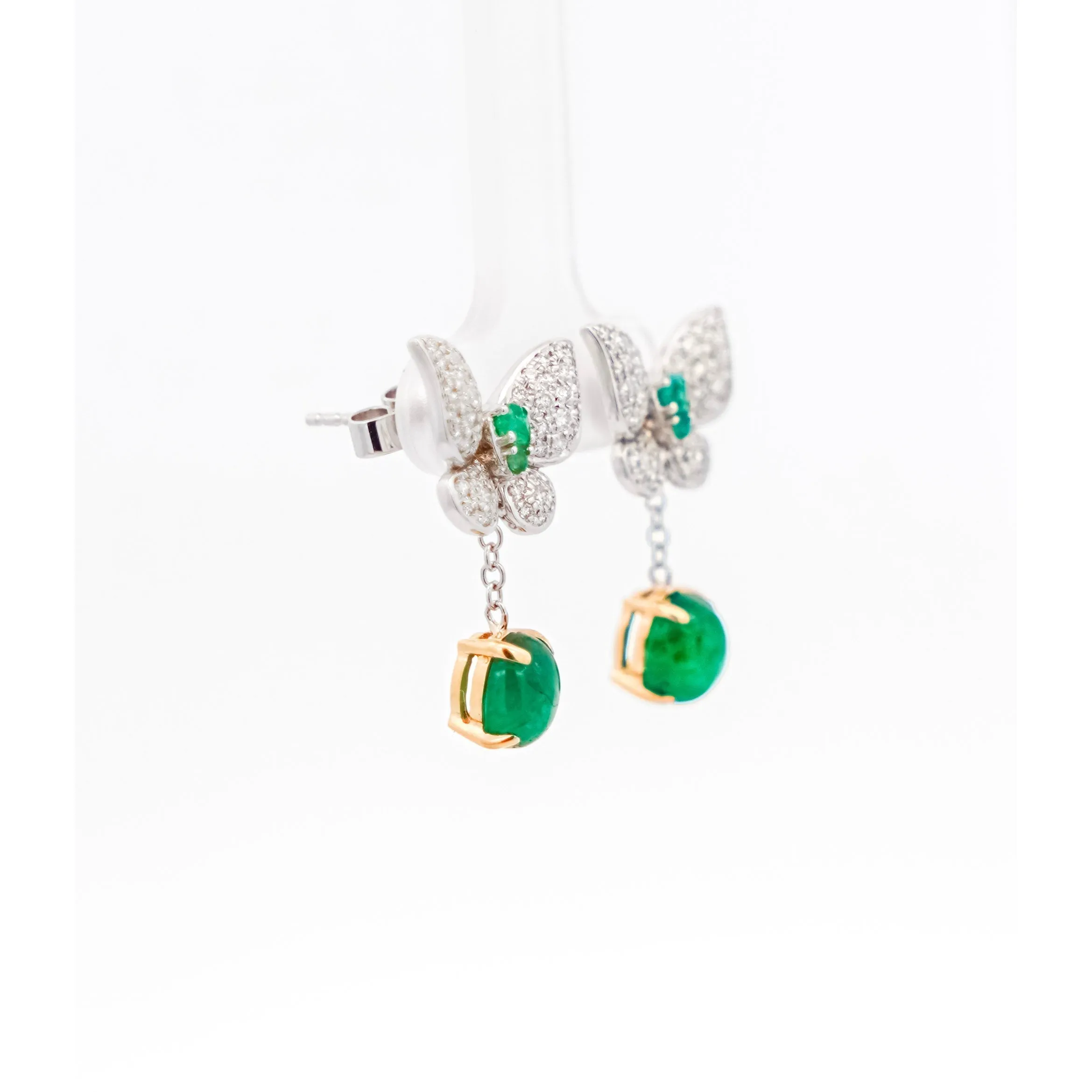 2.5 Carat Cabochon Cut Emerald and Diamond Butterfly Drop Earrings in 18K White Gold