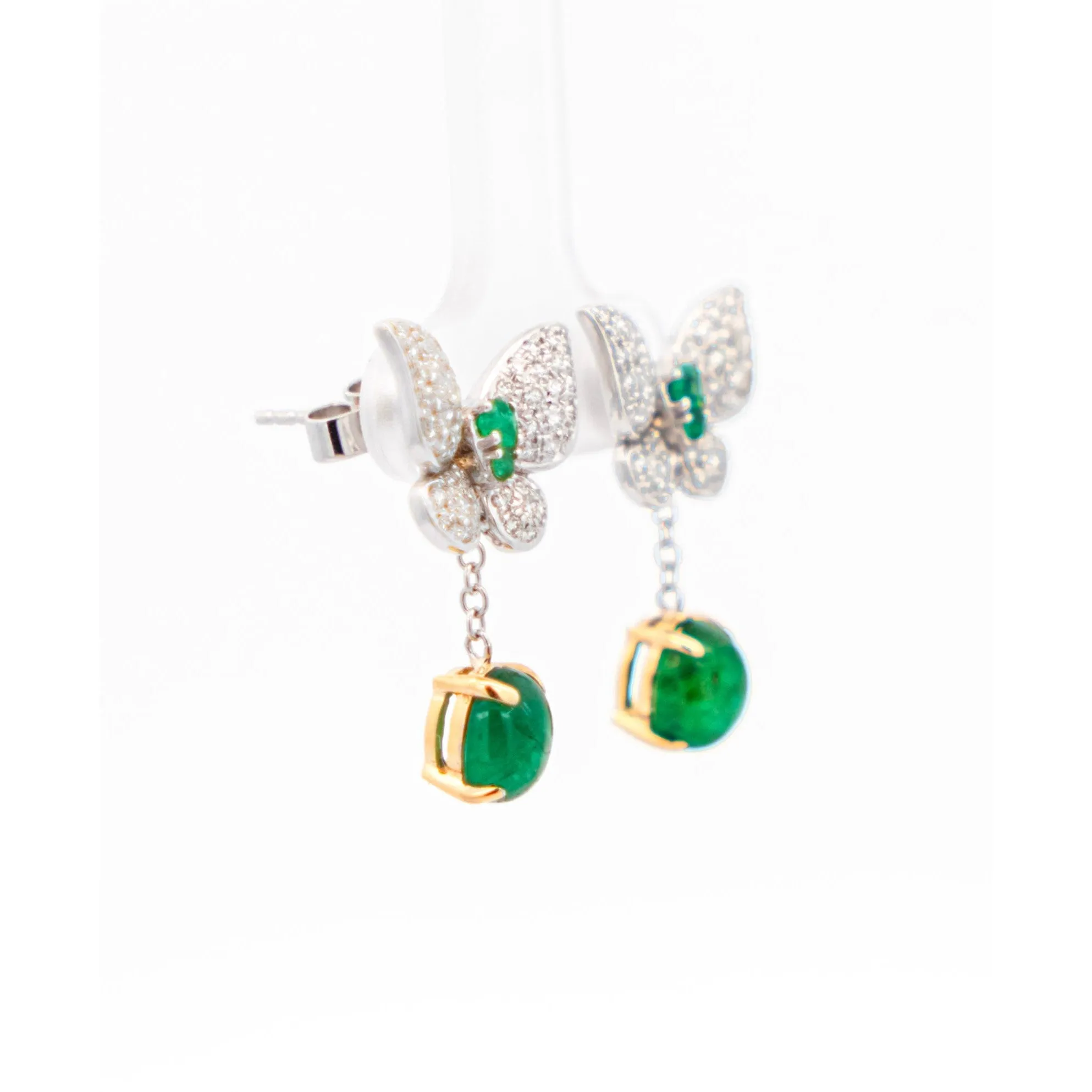 2.5 Carat Cabochon Cut Emerald and Diamond Butterfly Drop Earrings in 18K White Gold