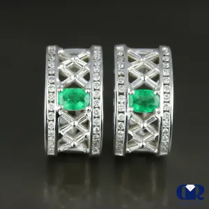 2.77 Ct Natural Emerald & Diamond Huggie Hoop Earrings 14K White Omega Back