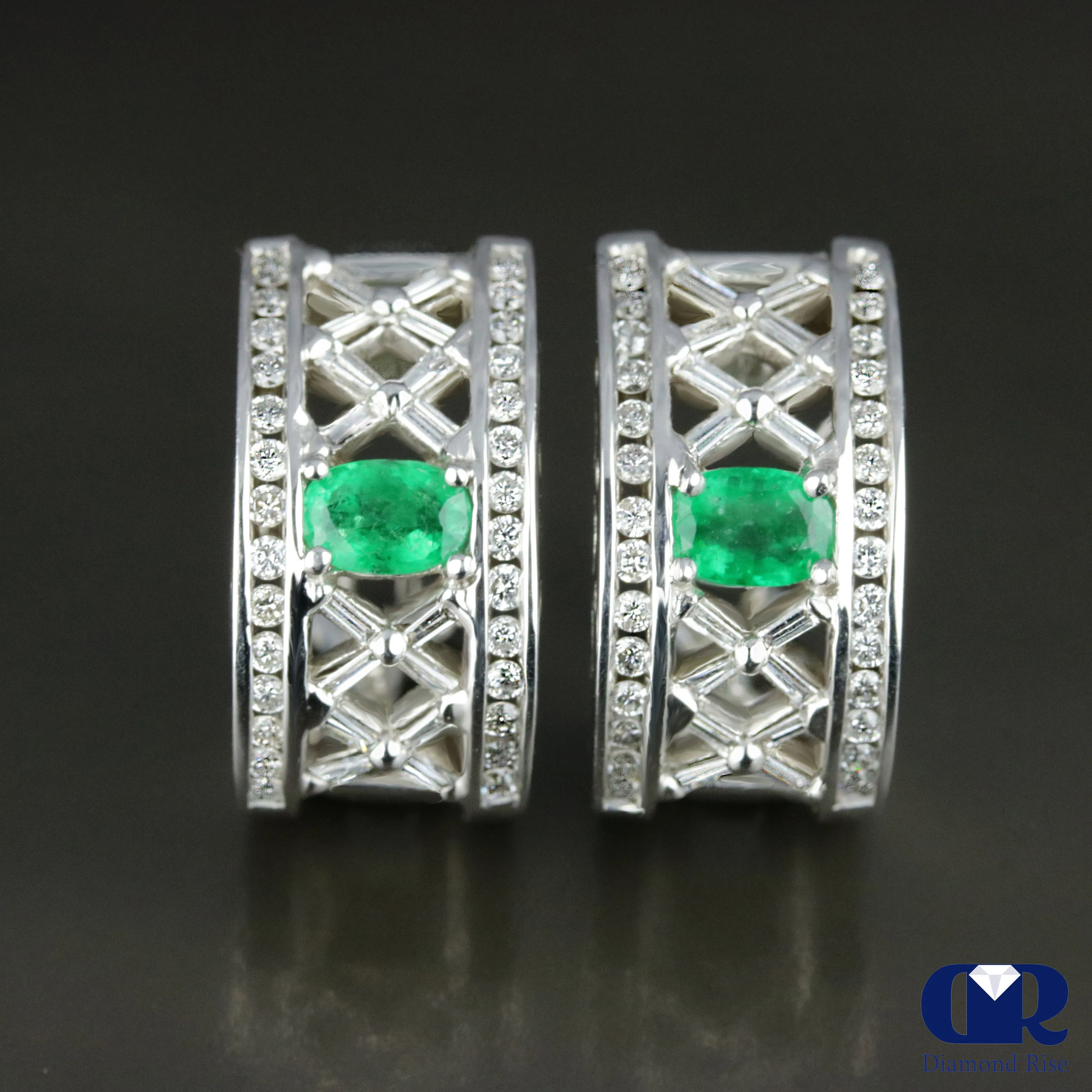 2.77 Ct Natural Emerald & Diamond Huggie Hoop Earrings 14K White Omega Back