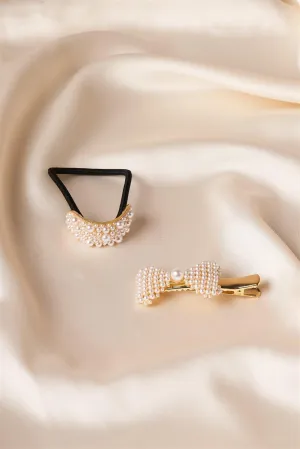 2pcs Gold Pearled Ponytail With Pearl Barrette