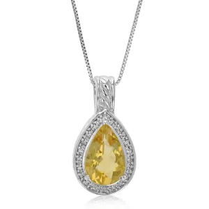 3.25 cttw Pendant Necklace, Citrine Pear Shape Pendant Necklace for Women in .925 Sterling Silver with Rhodium, 18 Inch Chain, Prong Setting