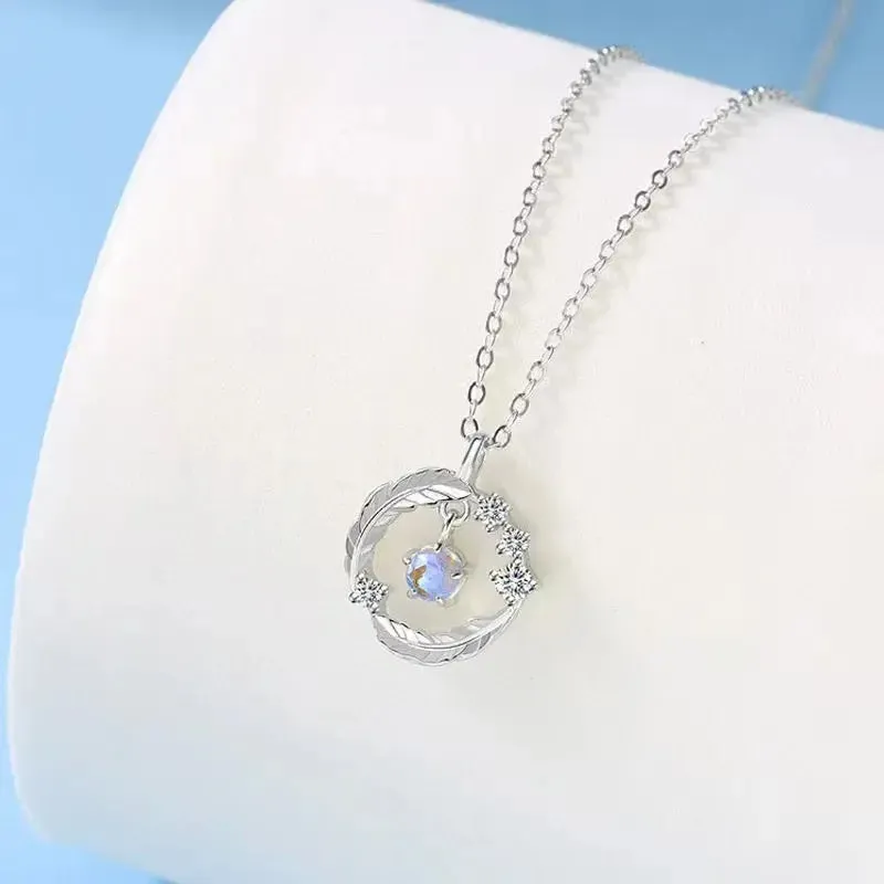 925 Silver Plated  Feather Shape Pendant Necklace Moonstone Round Bead Jewelry Choker Gift