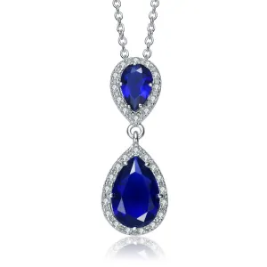 .925 Sterling Silver With Rhodium Plated Two Sapphire Blue Pear With Round Cubic Zirconia Halo Drop Necklace