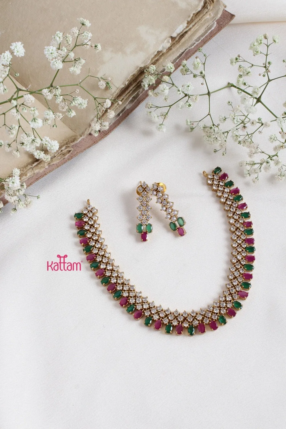 AD Patterned Ruby Green Stone Choker