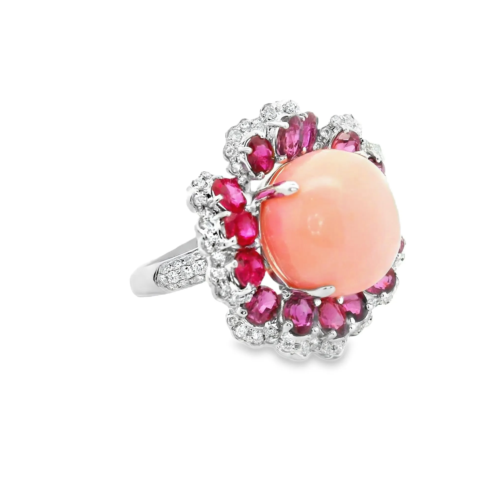 Angel Skin Coral Ruby Diamond 18k White Gold Floral Cocktail Ring