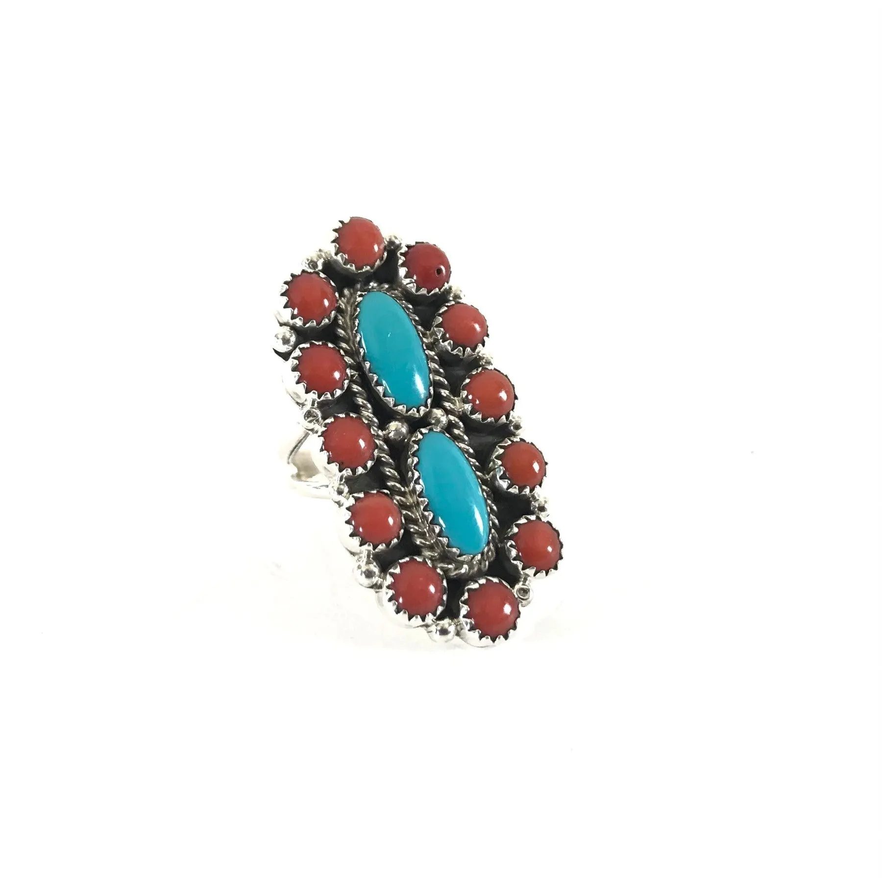 Anthony Skeets Turquoise and Coral Cluster Ring