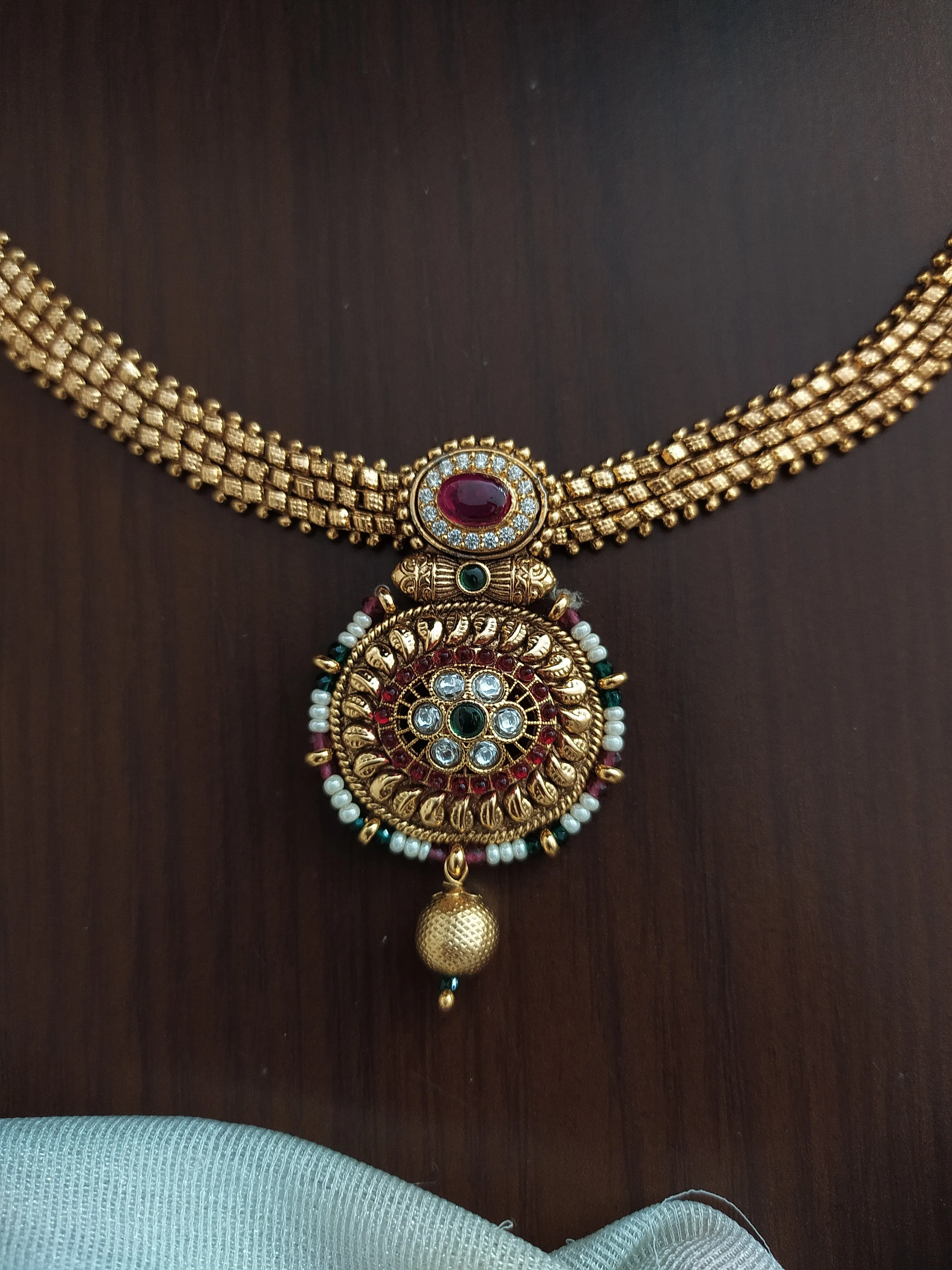 Antique Attigai Necklace Set with Pearls, Ruby, and Green Stones