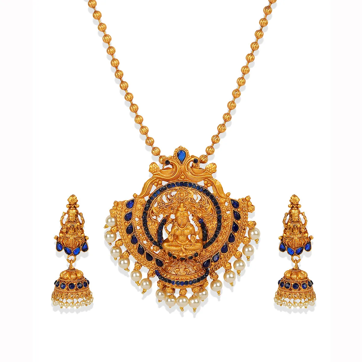 Antique Matte Gold Finish Goddess Laxmi Blue Stone Studded Temple Jewellery Set - Anikas Creation