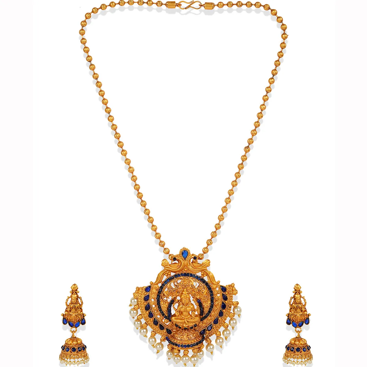 Antique Matte Gold Finish Goddess Laxmi Blue Stone Studded Temple Jewellery Set - Anikas Creation