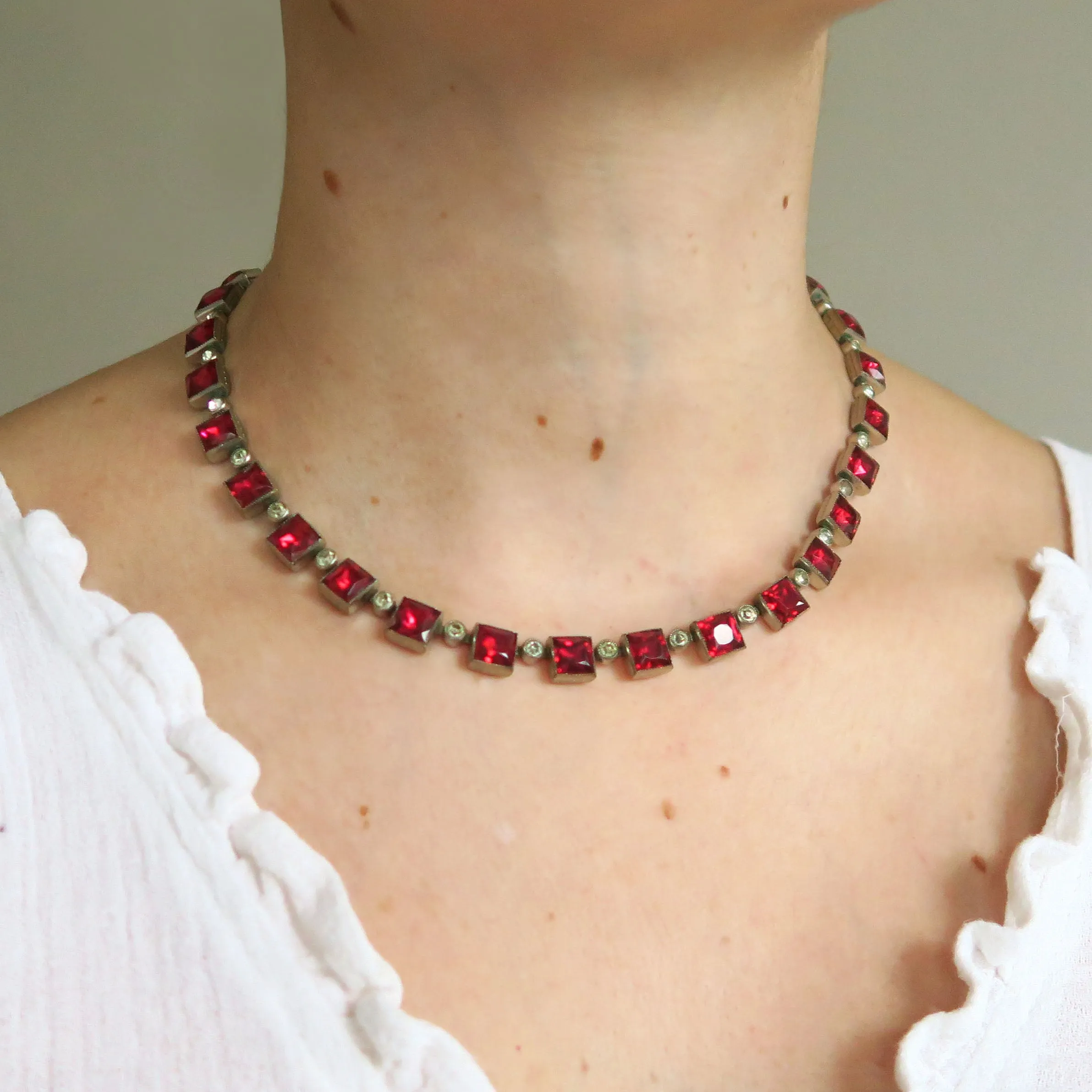 Antique Ruby Red Glass Bezel Set Paste Necklace