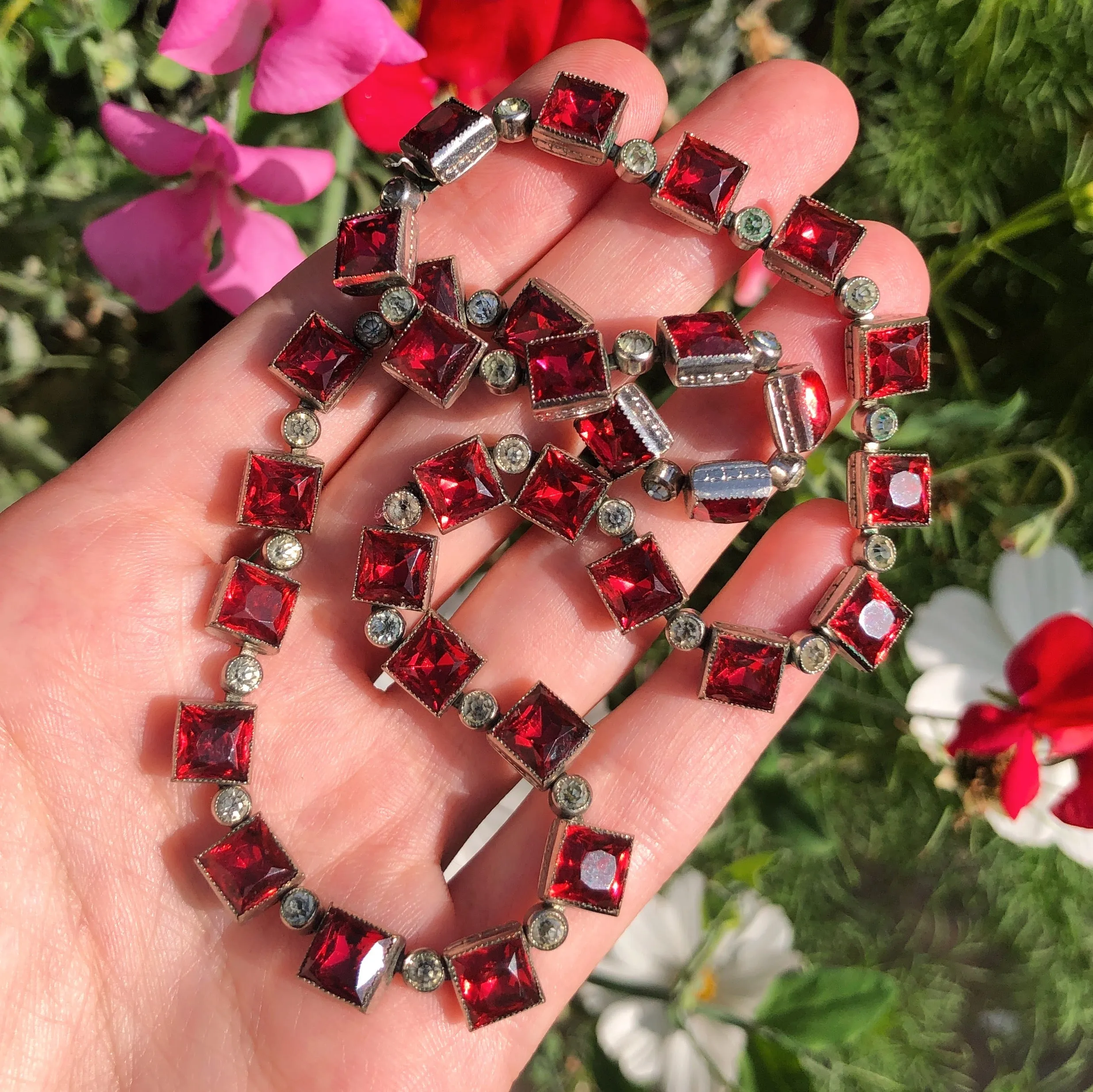 Antique Ruby Red Glass Bezel Set Paste Necklace