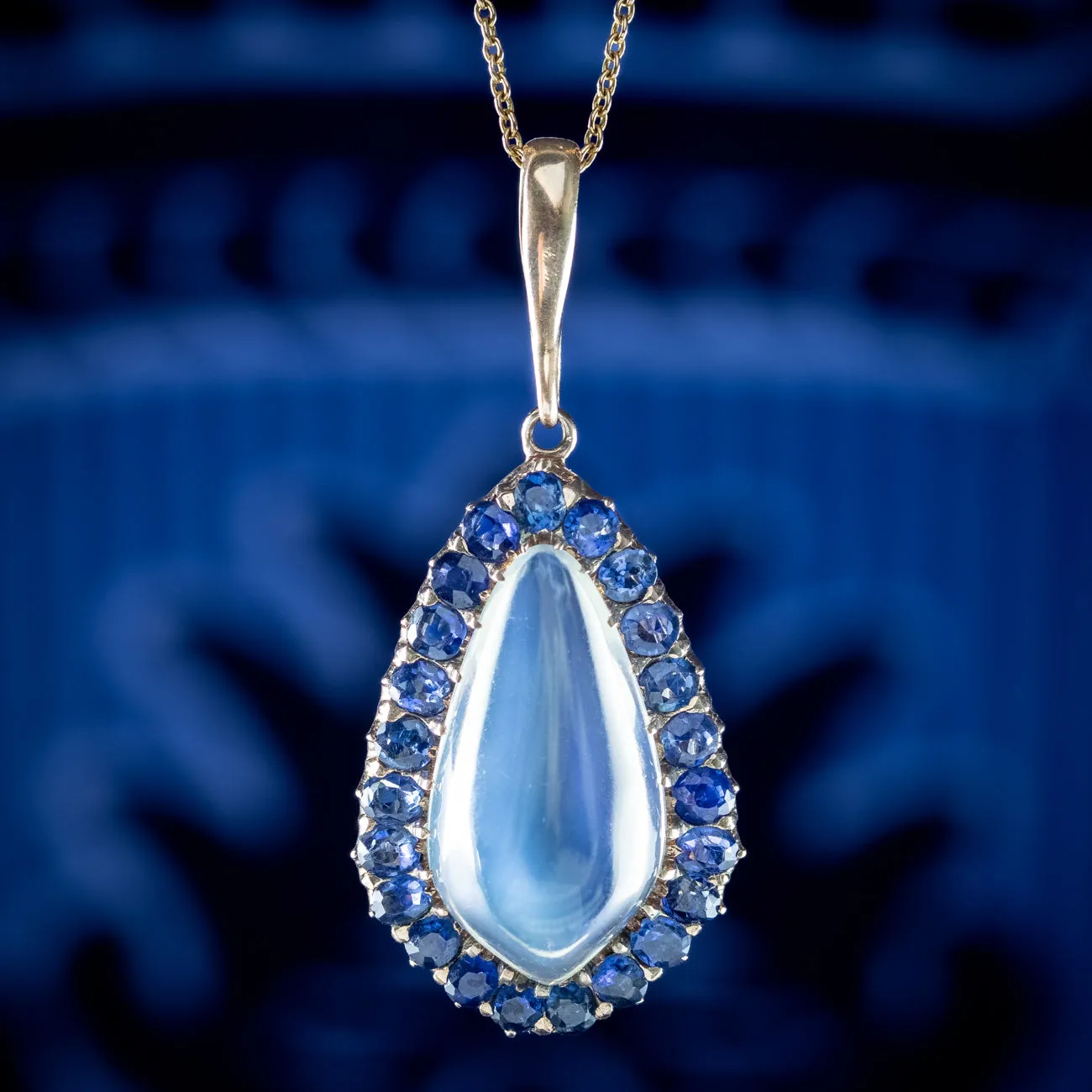 Antique Victorian Moonstone Sapphire Pendant Necklace 15ct Moonstone