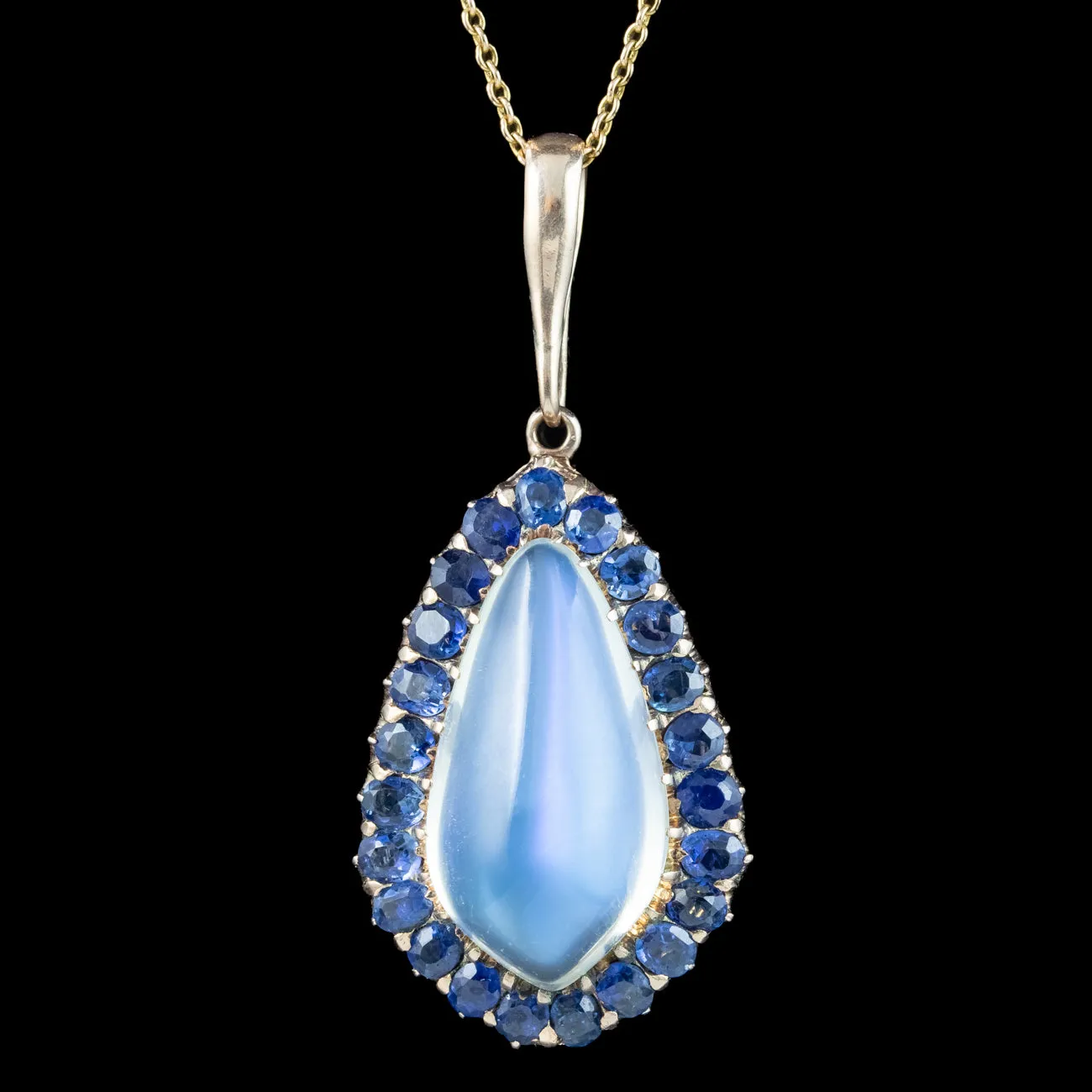 Antique Victorian Moonstone Sapphire Pendant Necklace 15ct Moonstone