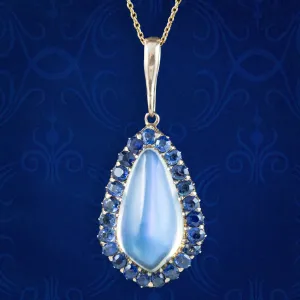 Antique Victorian Moonstone Sapphire Pendant Necklace 15ct Moonstone