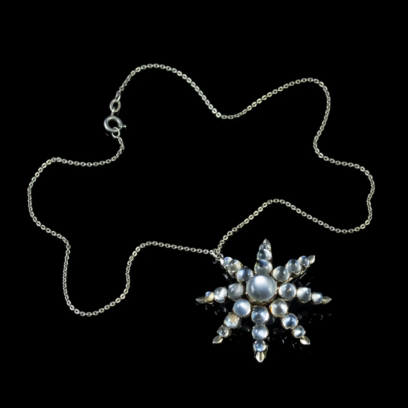 Antique Victorian Moonstone Star Pendant Necklace Silver Brooch Chain Circa 1880