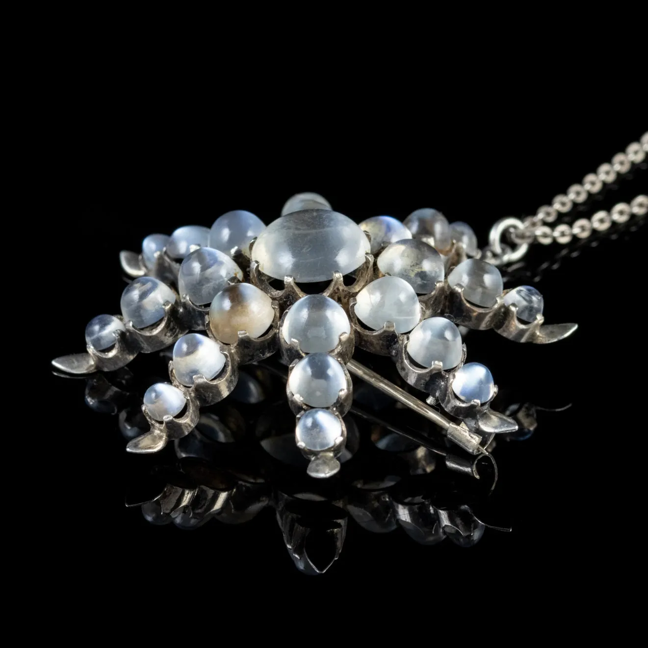 Antique Victorian Moonstone Star Pendant Necklace Silver Brooch Chain Circa 1880