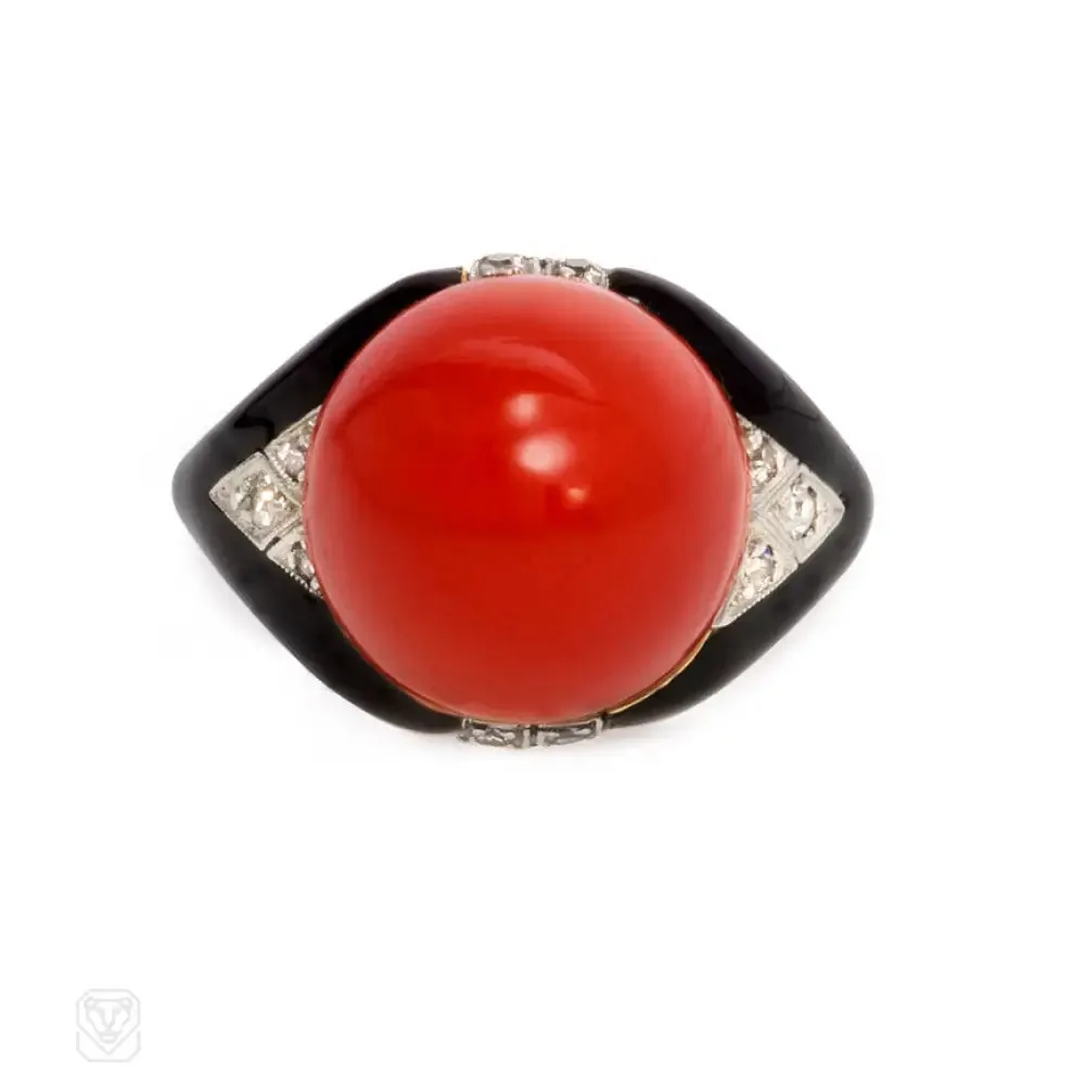 Art Deco cabochon coral and enamel ring