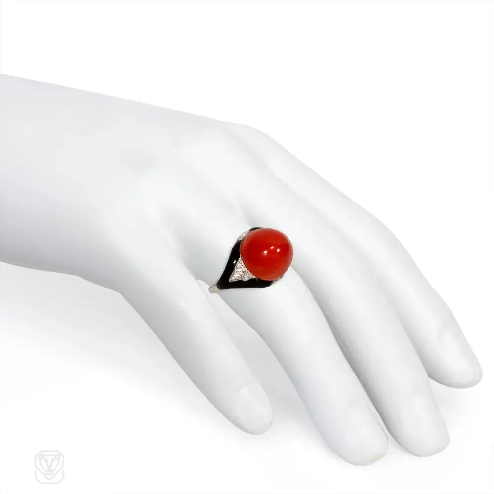 Art Deco cabochon coral and enamel ring