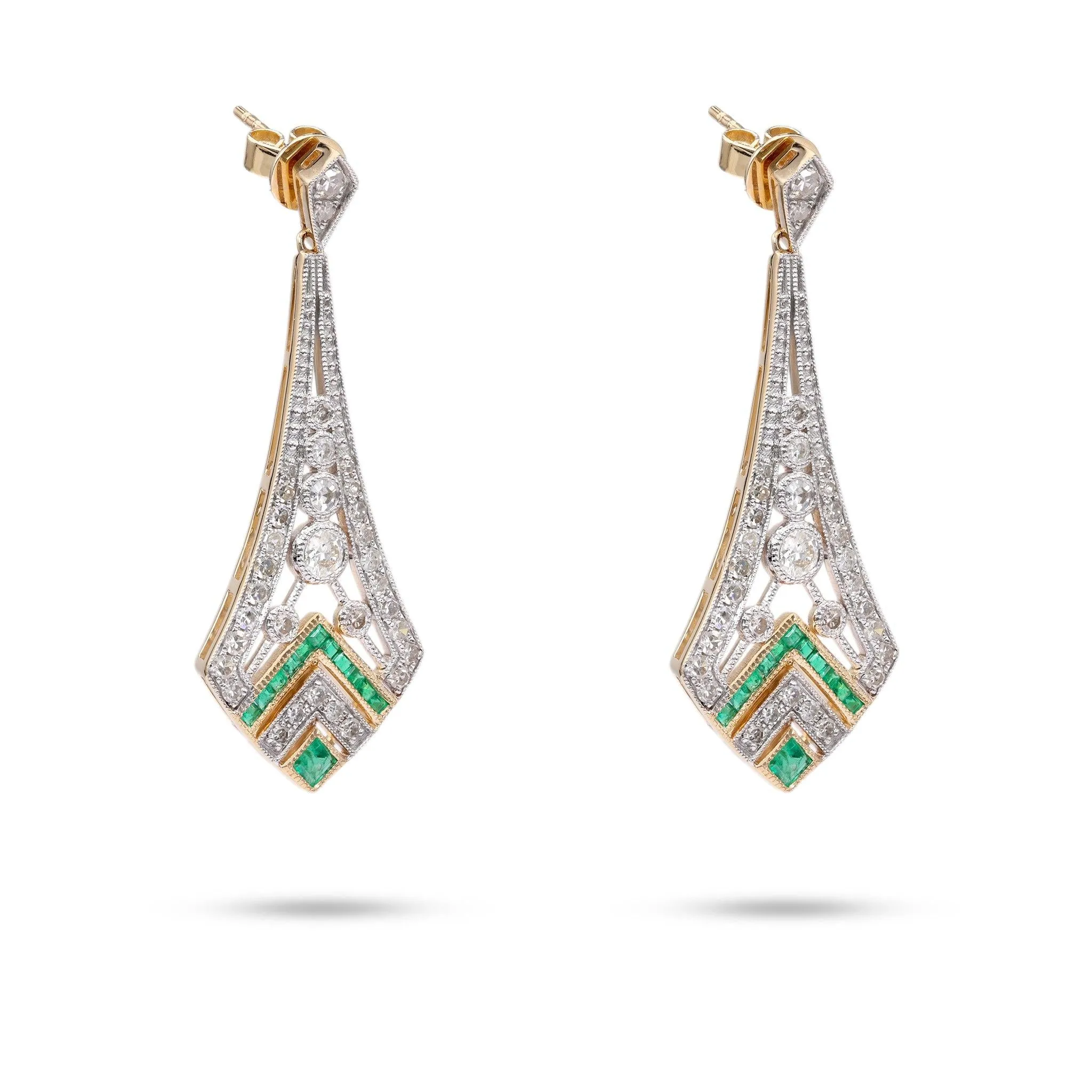 Art Deco Inspired Diamond Emerald 14k Gold Dangle Earrings