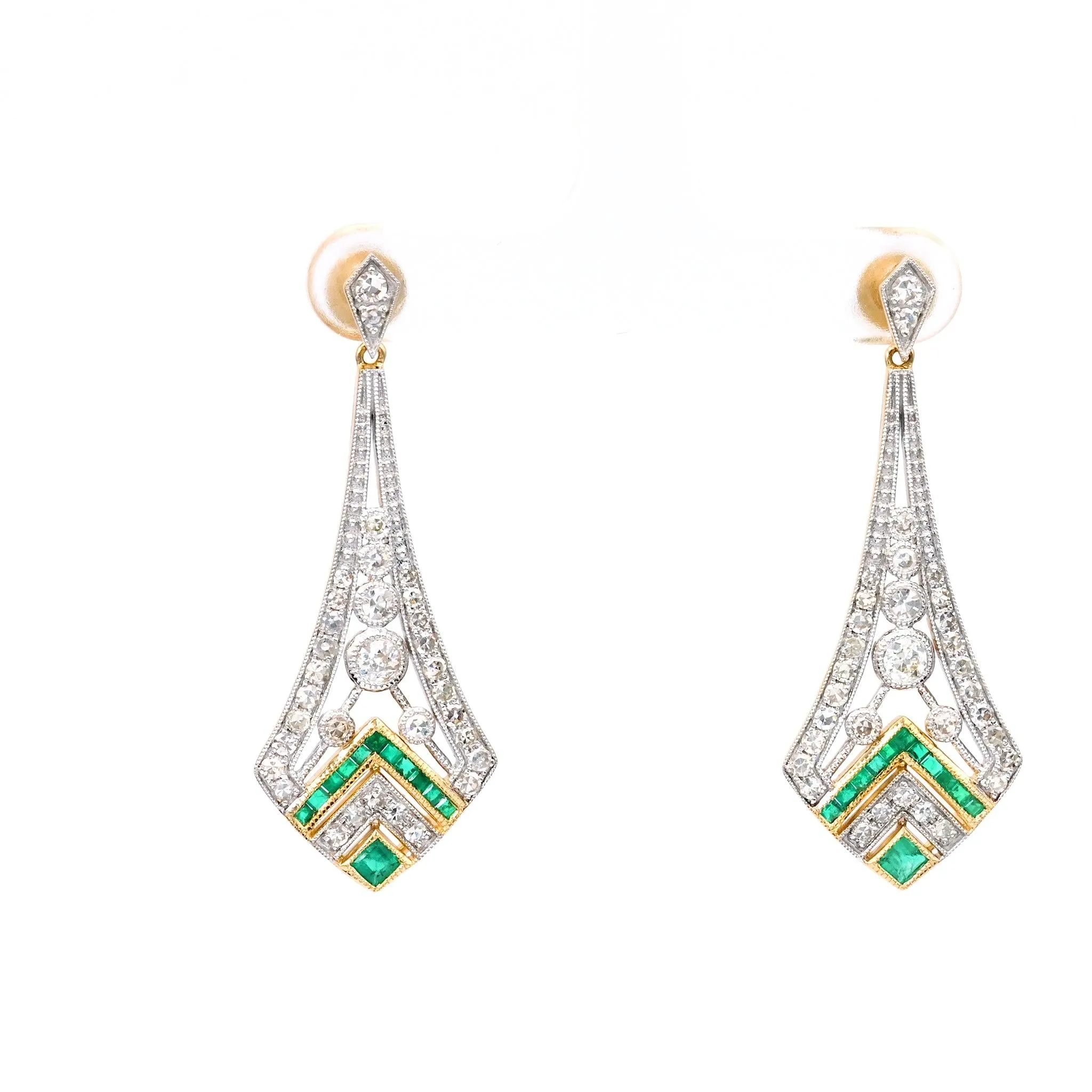 Art Deco Inspired Diamond Emerald 14k Gold Dangle Earrings