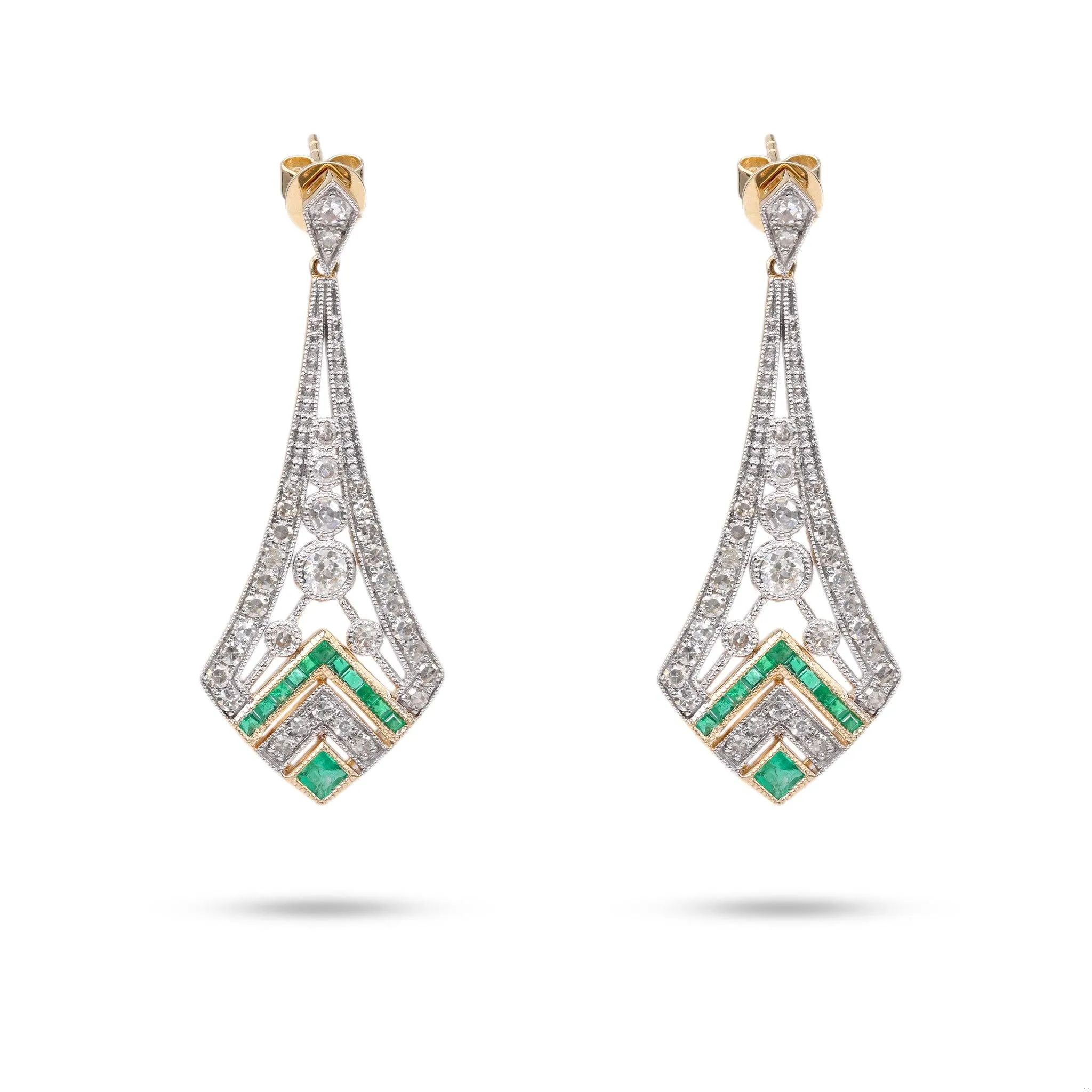 Art Deco Inspired Diamond Emerald 14k Gold Dangle Earrings