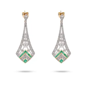 Art Deco Inspired Diamond Emerald 14k Gold Dangle Earrings