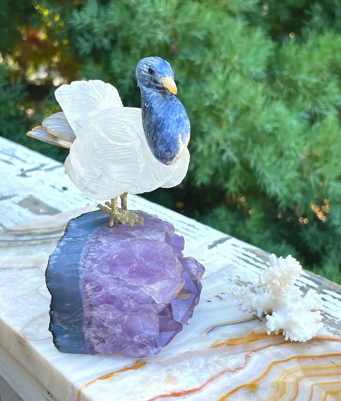 Artisan Natural Amethyst Carved Lapis Lazuli Stone Gem Quartz Brass Bird Art