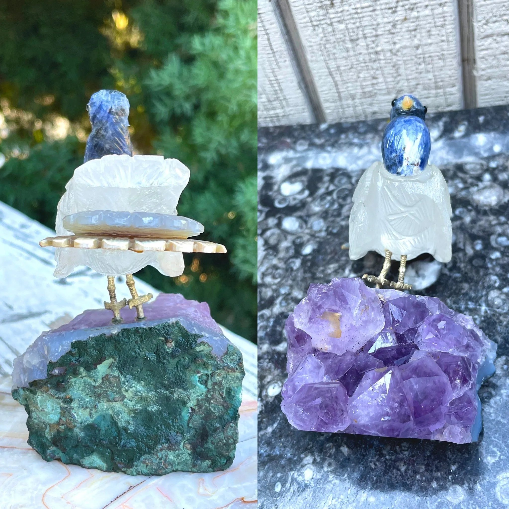 Artisan Natural Amethyst Carved Lapis Lazuli Stone Gem Quartz Brass Bird Art