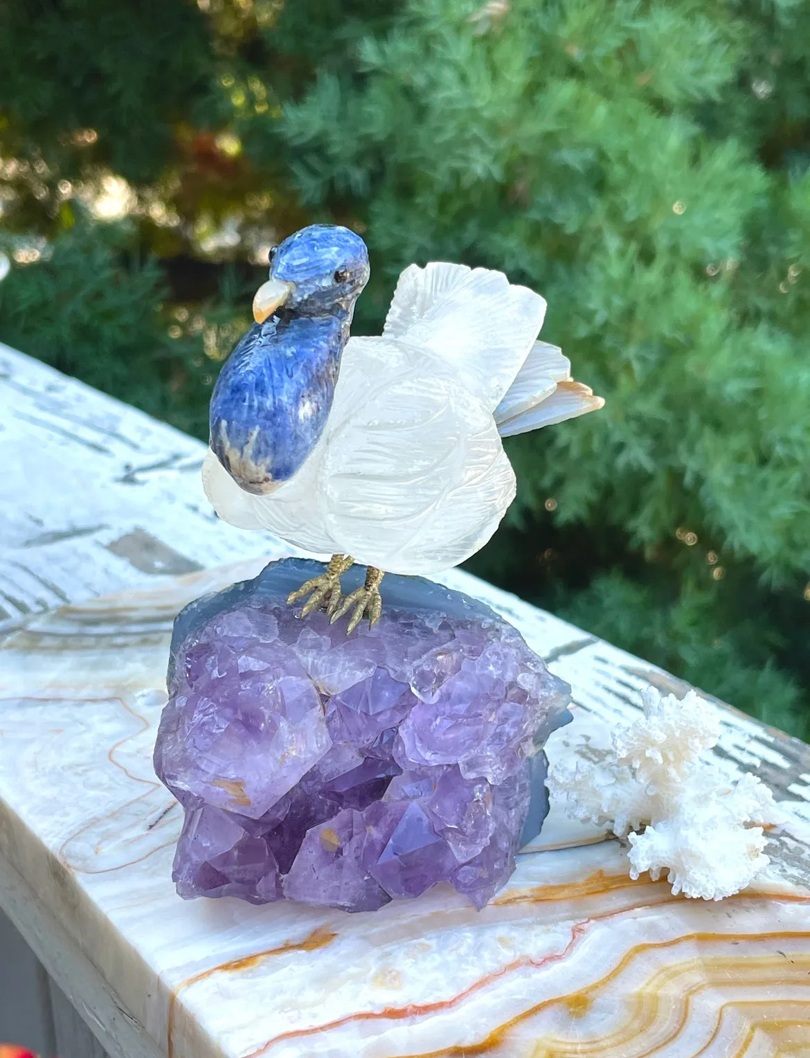 Artisan Natural Amethyst Carved Lapis Lazuli Stone Gem Quartz Brass Bird Art