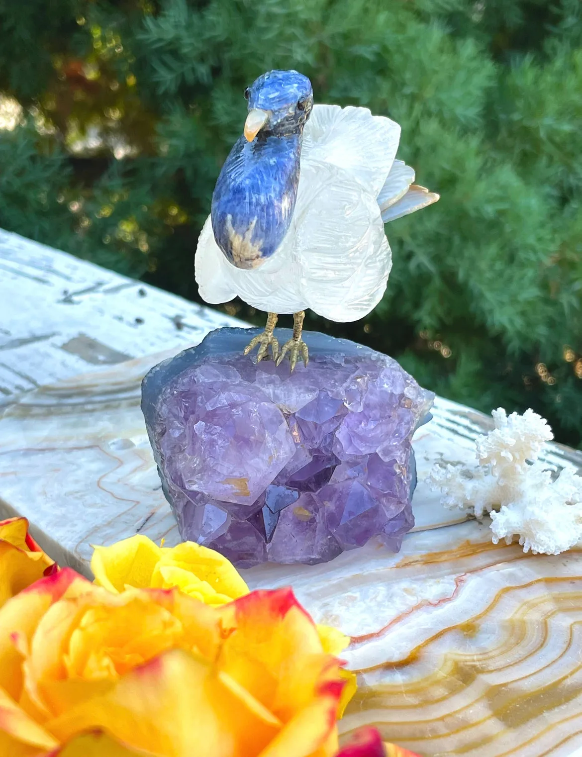 Artisan Natural Amethyst Carved Lapis Lazuli Stone Gem Quartz Brass Bird Art