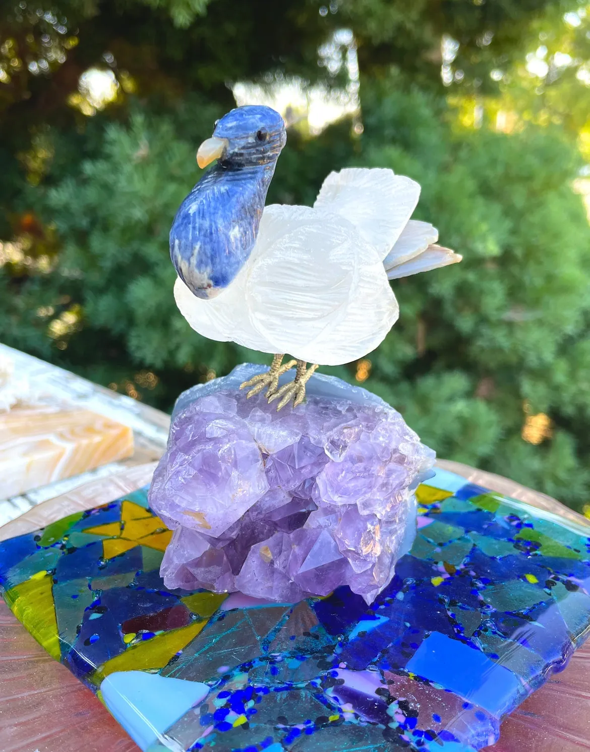 Artisan Natural Amethyst Carved Lapis Lazuli Stone Gem Quartz Brass Bird Art