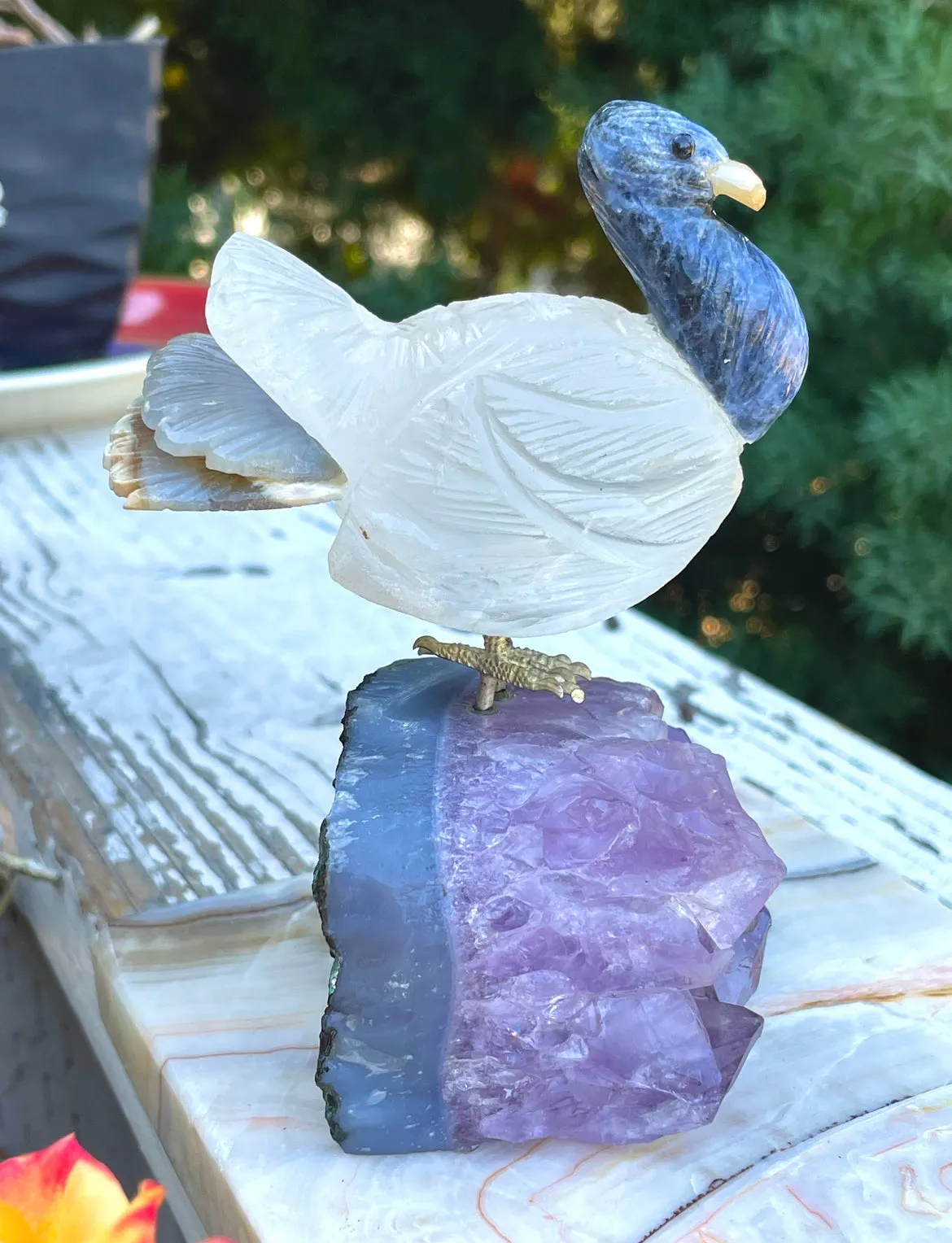 Artisan Natural Amethyst Carved Lapis Lazuli Stone Gem Quartz Brass Bird Art