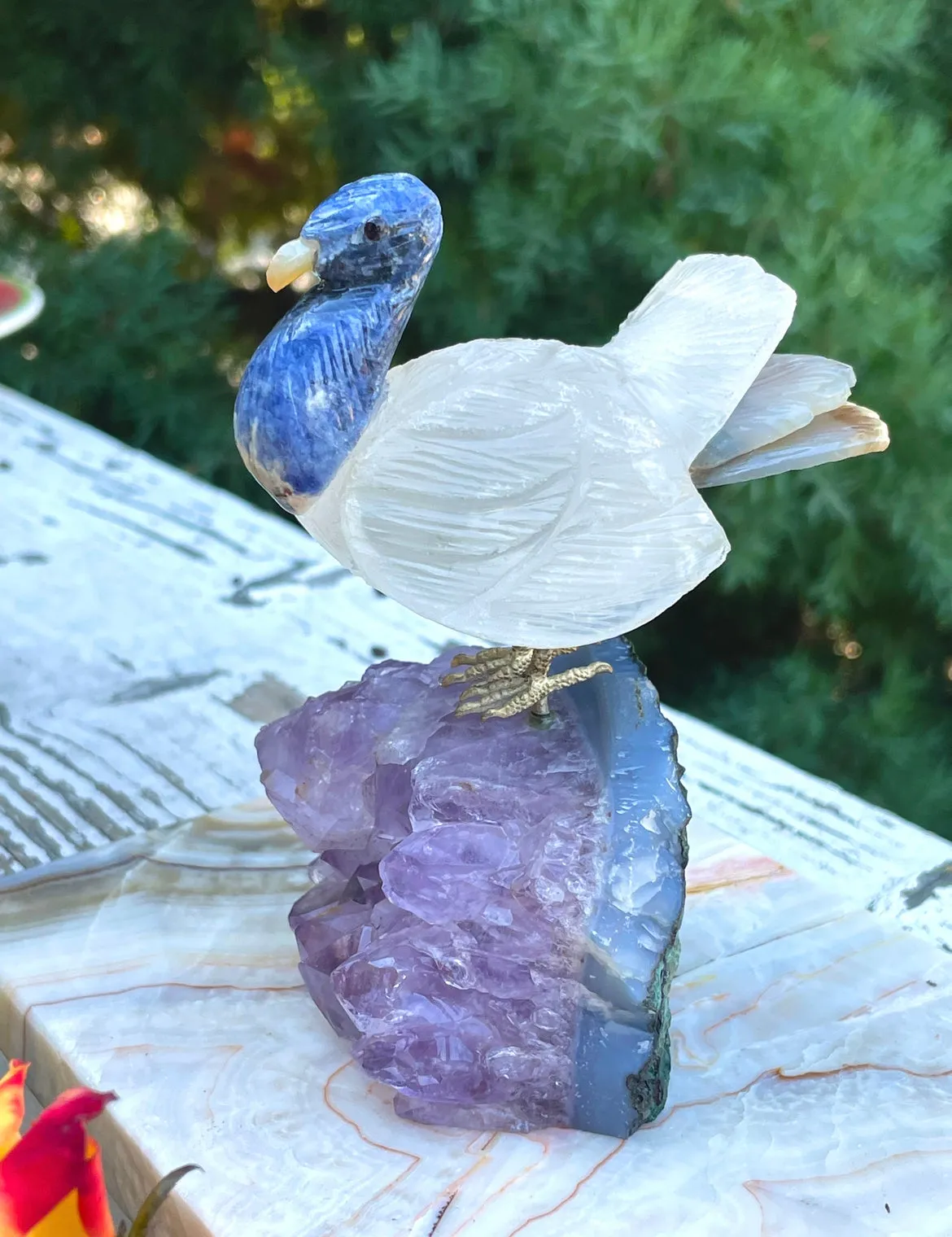 Artisan Natural Amethyst Carved Lapis Lazuli Stone Gem Quartz Brass Bird Art