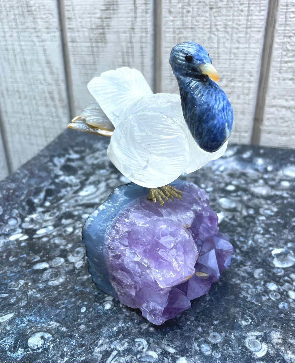 Artisan Natural Amethyst Carved Lapis Lazuli Stone Gem Quartz Brass Bird Art