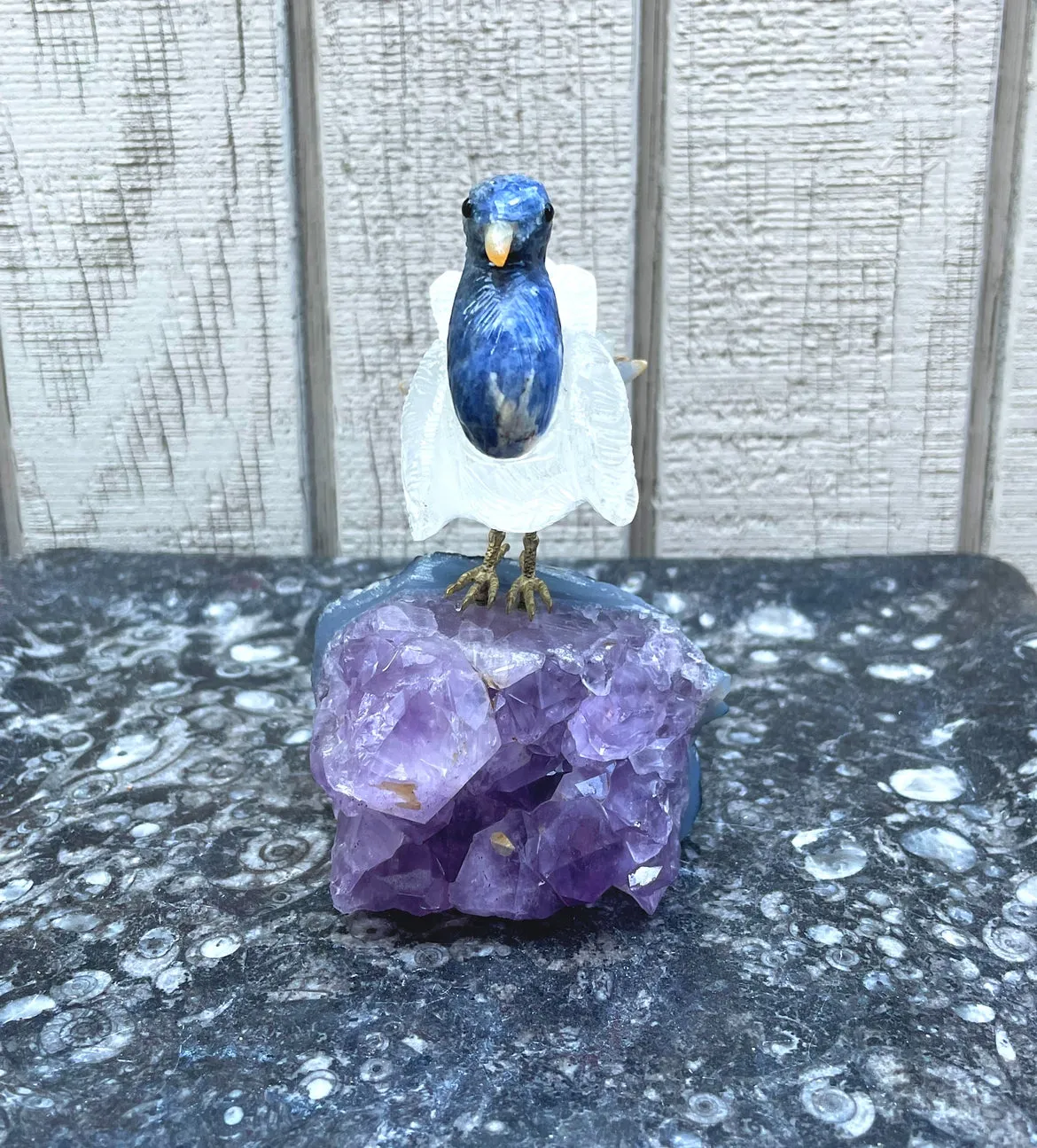 Artisan Natural Amethyst Carved Lapis Lazuli Stone Gem Quartz Brass Bird Art