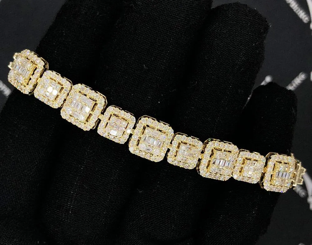 Baguette Cluster Diamond Iced Out Bracelet 6.95 Carats 10K Yellow Gold