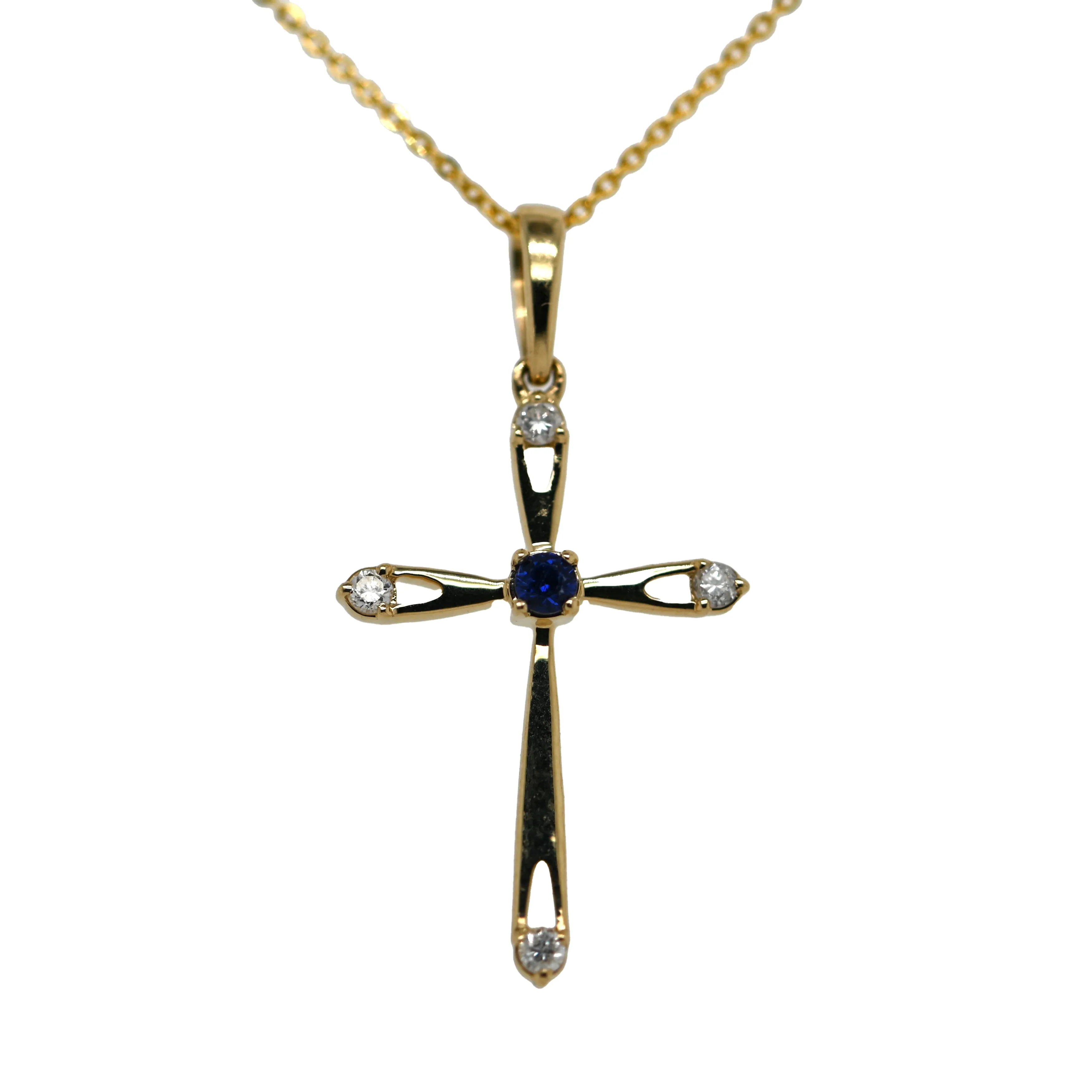 Blue Sapphire & Diamond Yellow Gold Cross Pendant with Adjustable Rolo Chain